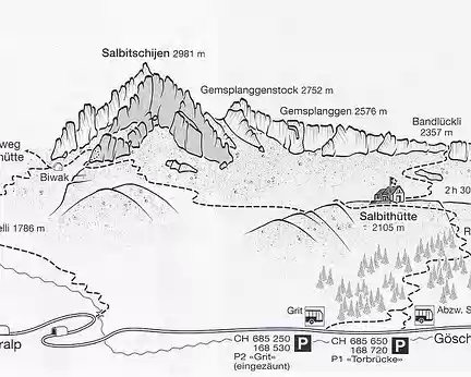 000 Pour gagner la vallée de Goeschenen remonter le Valais jusqu’aux sources du Rhône, franchir le col de la Furka 2429 mètres, descendre sur Andermatt.