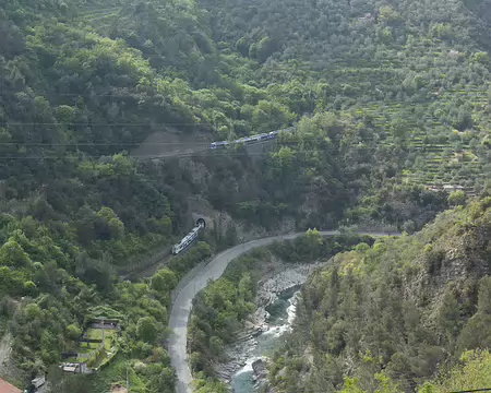 FM9A5906 Il y a deux lignes de chemin de fer, celle du haut rejoint la vallée de la Bévéra et Sospel par le tunnel du Mont Grazian, l’autre descend la Roya vers l’Italie