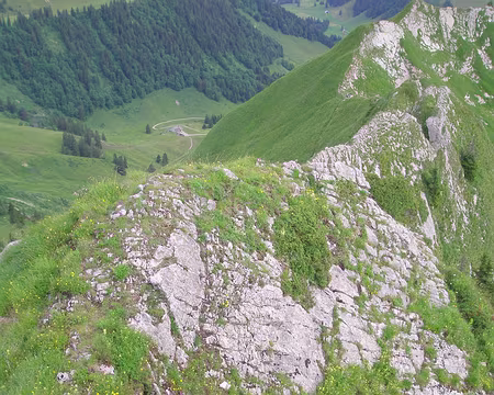 027 Redescente par l'arête nord, très escarpée. D'abord sur le flanc droit, …