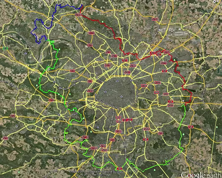 PXL000 7ème et 8ème étapes de la Ceinture verte IDF faites les 11 et 12 février 2012 : de Conflans-Ste-H à Mériel (en bleu) ; en vert, le parcours des premières étapes...
