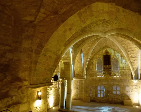 P1040606 Visite du Palais archiépiscopal (salle gothique du XIIIè s.), lieu où a été tenue le 29 mai mai 1431 la séance du procès de Jeanne d'Arc ; elle fut citée à...