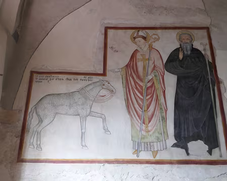 Ermitage de Santa Caterina del Sasso. St Éloi guérissant un cheval (1439). Dans l’église : St Éloi soignant un cheval