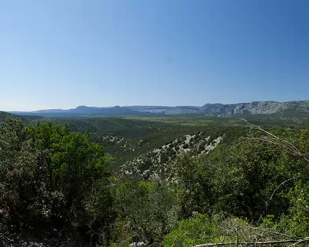 P1180577 Vue sur l'aval des gorges du Lamalou avec en toile de fond le massif de Saint-Guilhem-le-désert et celui de la Séranne.