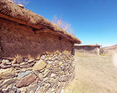 20251010_123609-01 Toits plats, structure de bois, puis roseaux, bâche étanche, terre.