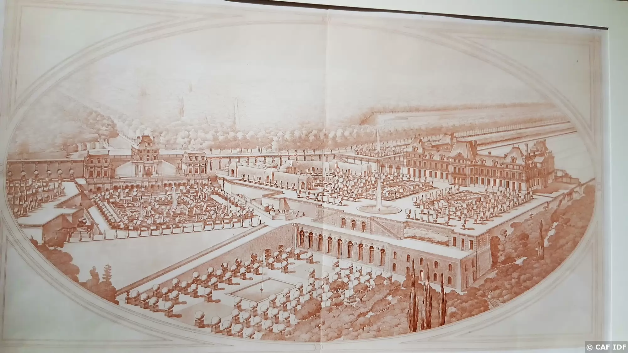 044 Gravure montrant le Château Vieux de Meudon, la Grotte, l’Orangerie, et la Terrasse en 1690