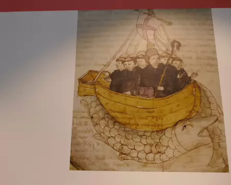 St Brendan et ses compagnons accostent sur le dos d'une baleine.