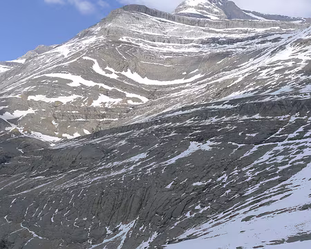 028 Au bout de la crête, descente enneigée. Mais les raquettes restent encore fixées aux sacs à dos...