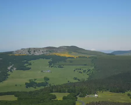 PXL029 Depuis le Mont-Gerbier-de-Jonc, vue sur la prairie bordée de genêts qui nous a accueillis, au pied du Suc de la Lauzière (1589 m)